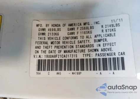 2012 Acura Tl 3.5 из США, поврежденный, VIN 19UUA8F21CA017315